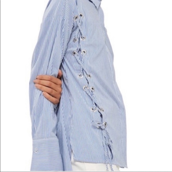 TOPSHOP Striped Button Down Blouse Lace up Sides - Picture 1 of 6